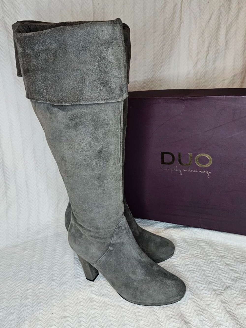 Duo Data 4.25” Block Heel Knee High Fold-Over Wide Calf Tall Suede Boots EU39 L